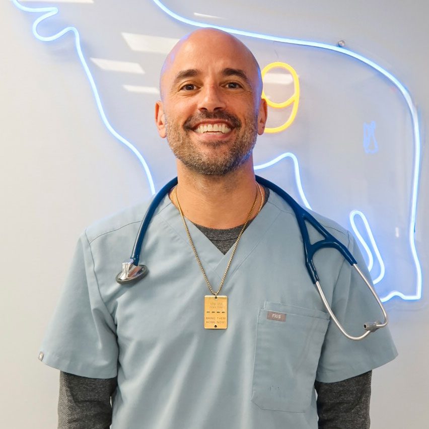 smiling male veterinarian standing in front of neon dog wall decoration