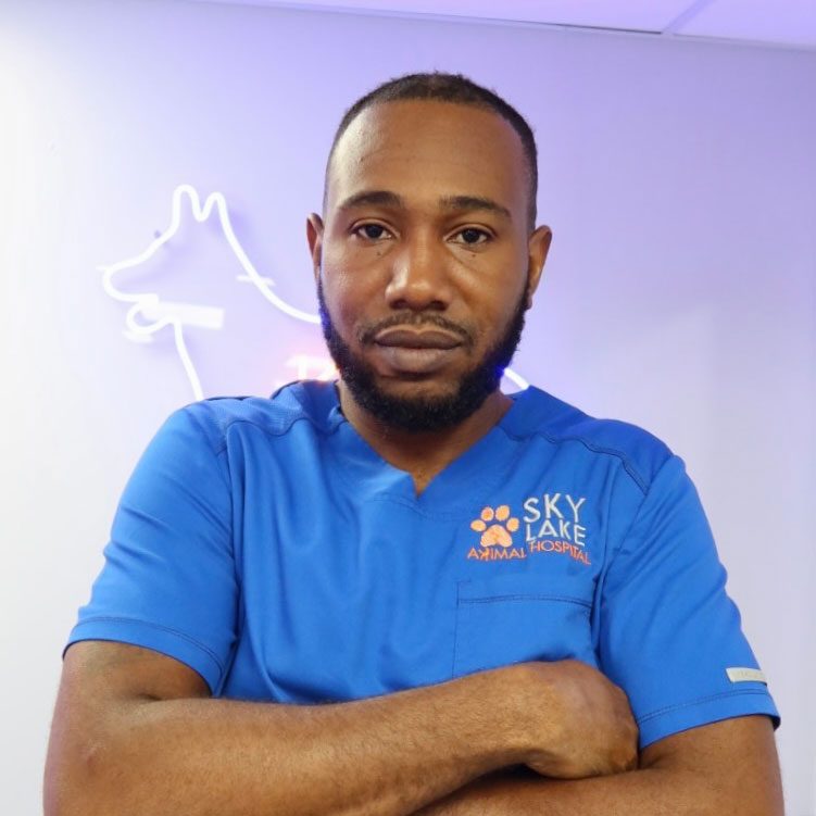 male veterinary technician with arms crossed standing in front of neon dog wall decoration