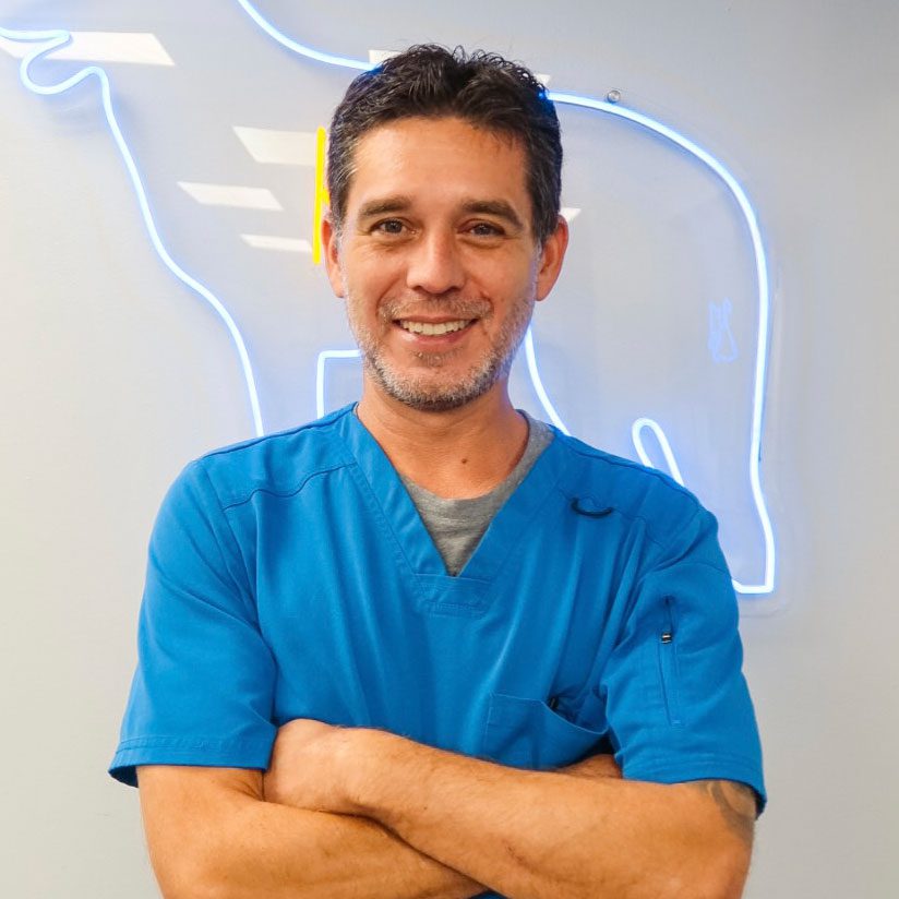 smiling male veterinary technician with arms crossed standing in front of neon dog wall decoration